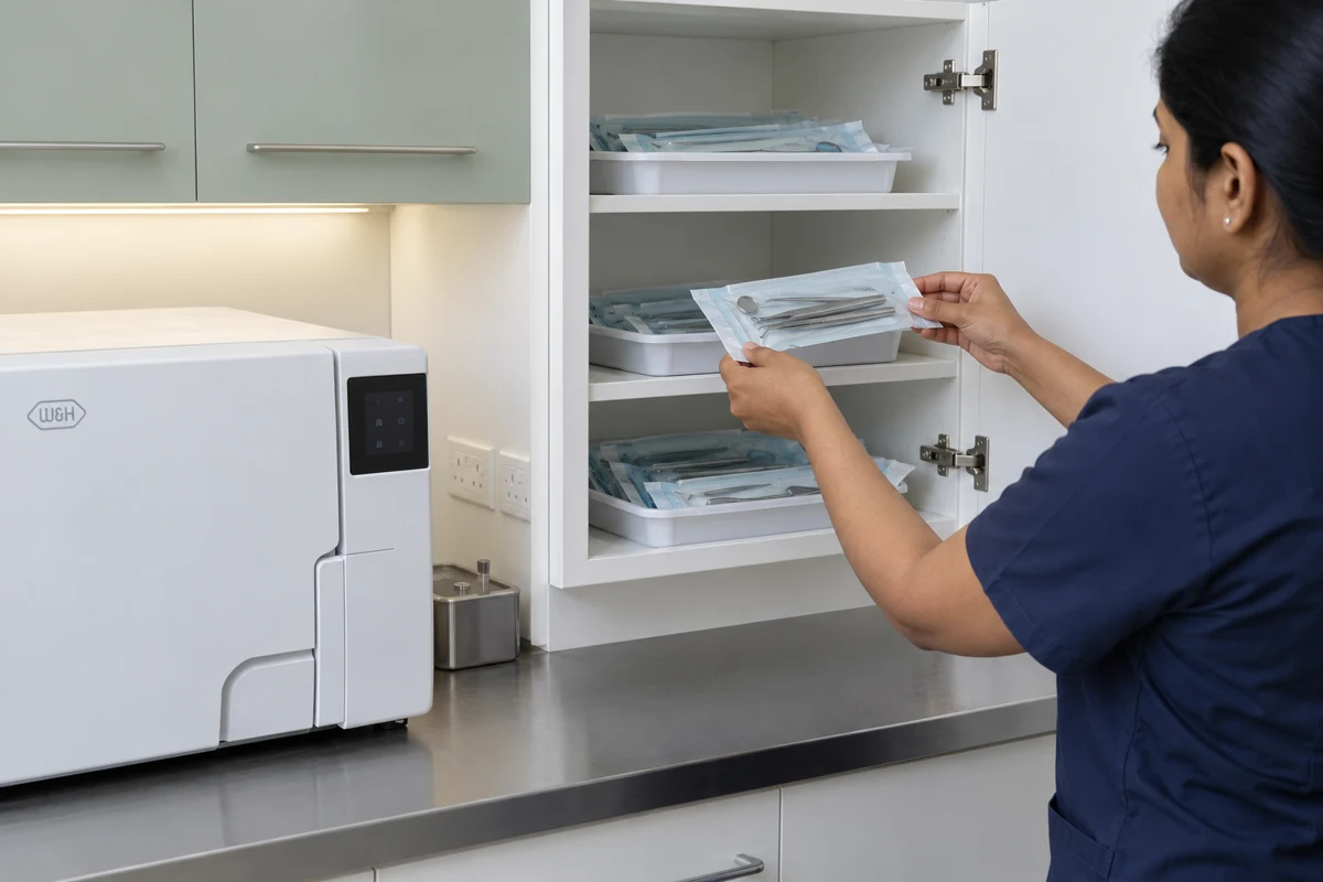 Illustration of sealed dental instrument packs being placed in protected storage.