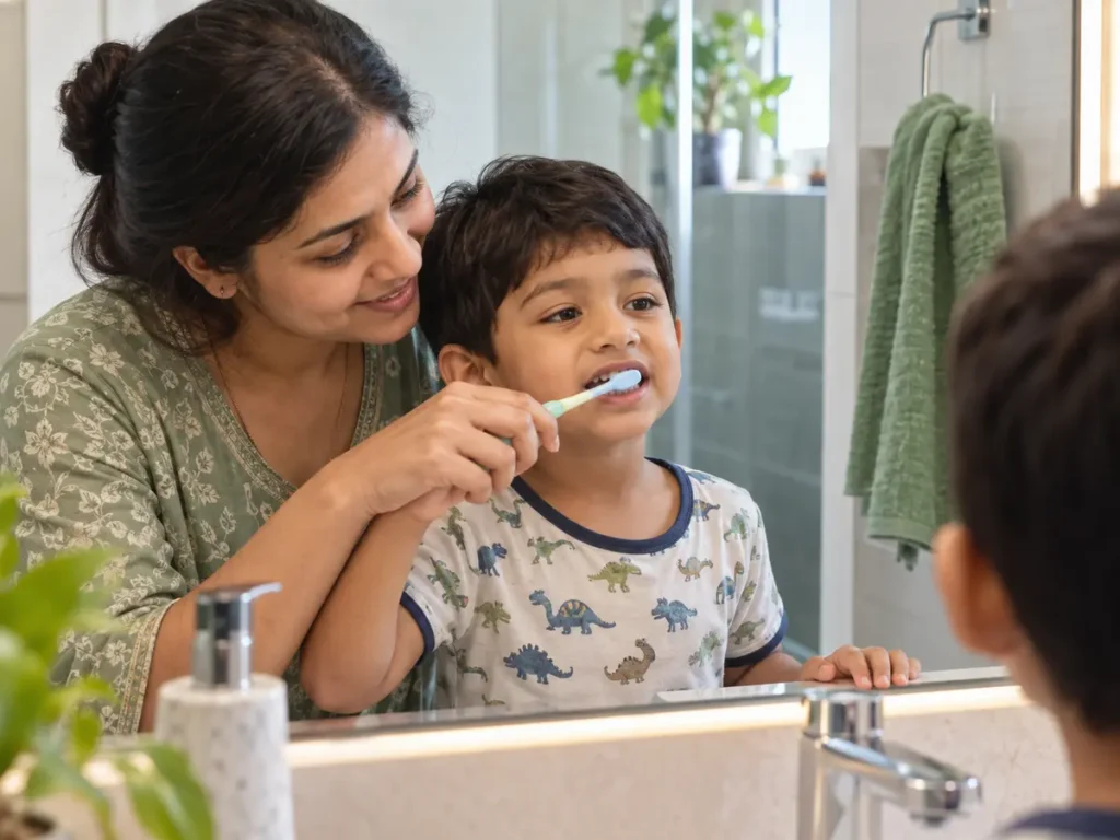 Indian parent gently supervising a young child brushing his teeth