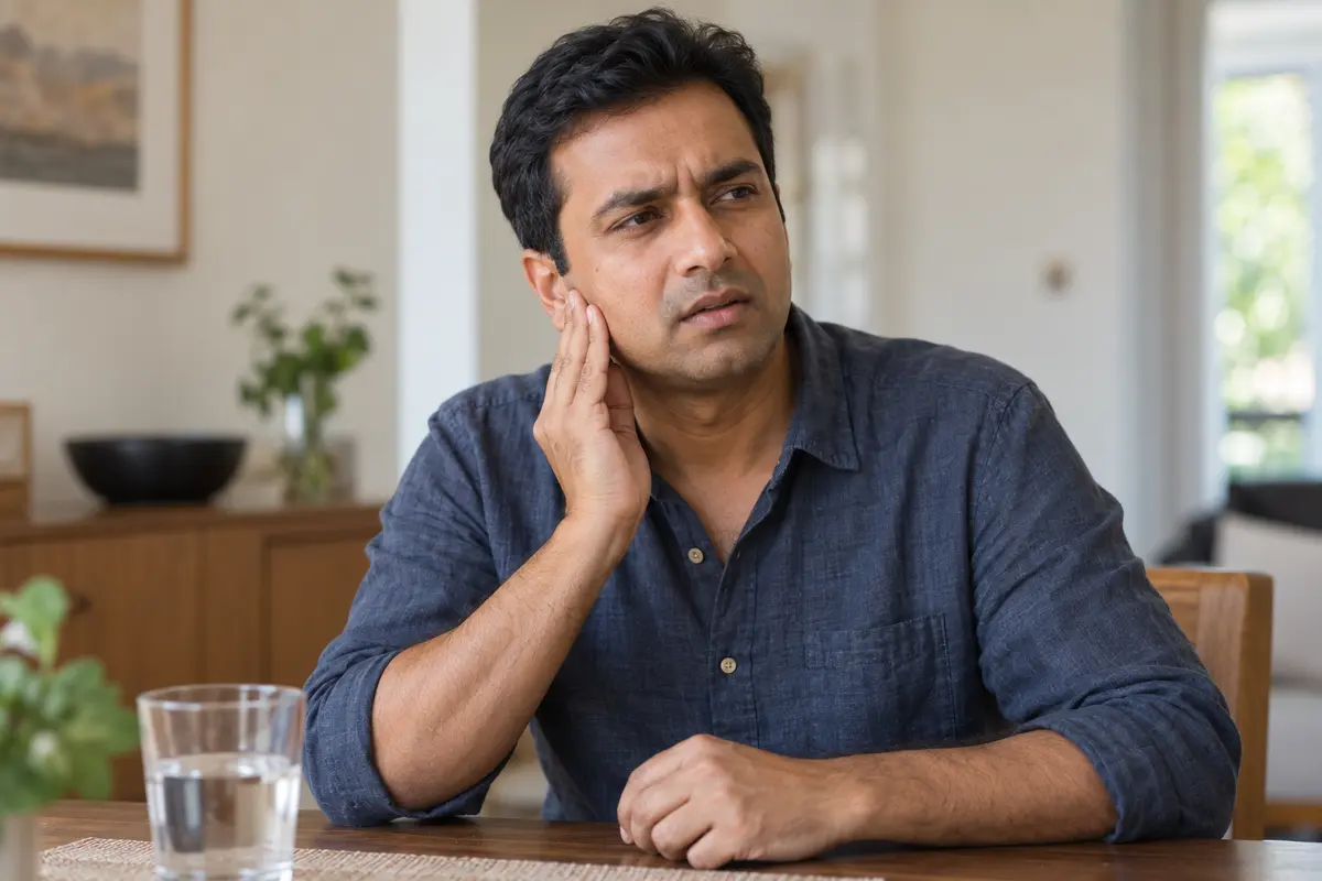 Indian man touching the jaw area near his ear while experiencing discomfort