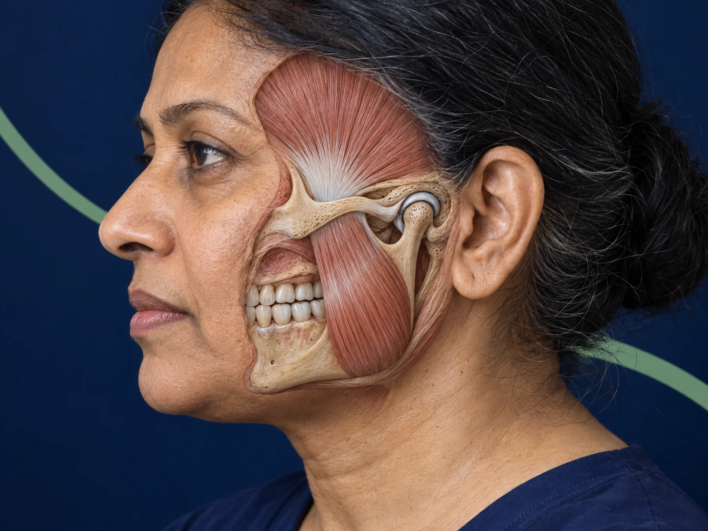 AI-generated anatomical illustration of an Indian woman in her late forties showing the jaw joint, muscles and teeth.