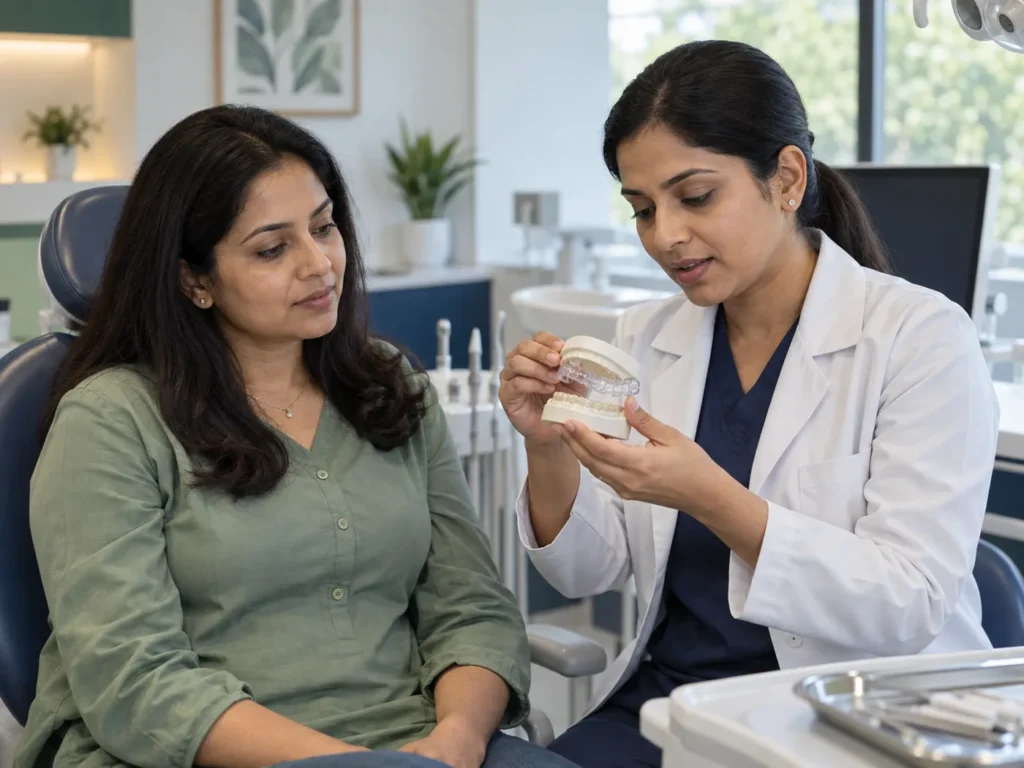 Dentist explaining a custom TMJ orthotic using a dental model to an Indian patient