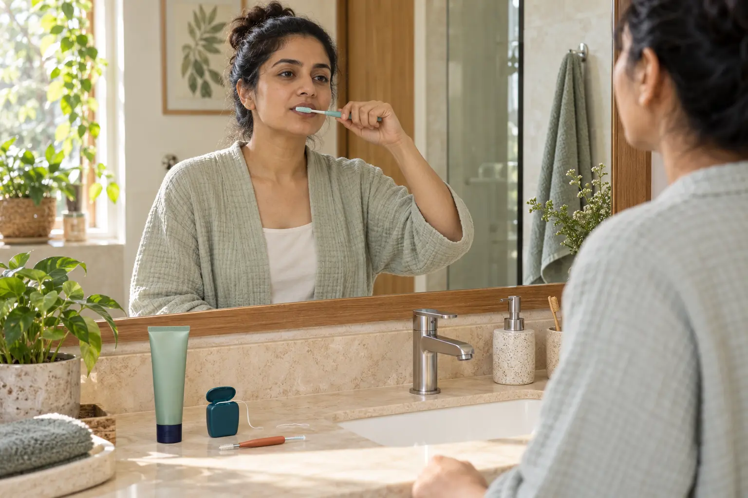 Indian woman following a gentle morning brushing routine with floss and an interdental brush nearby