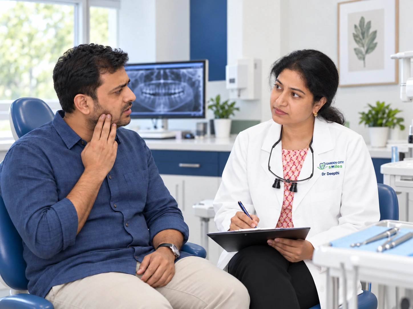Dr Deepthi listening attentively to a patient describing tooth pain