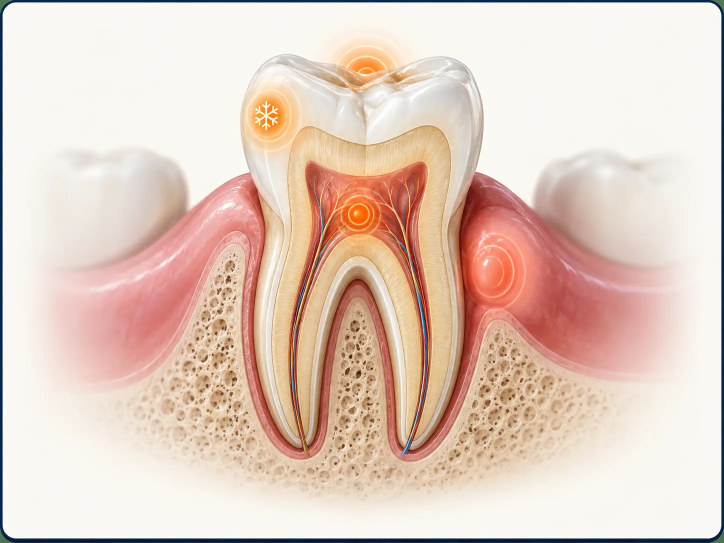 Patient-friendly tooth cross-section illustrating different patterns of tooth pain