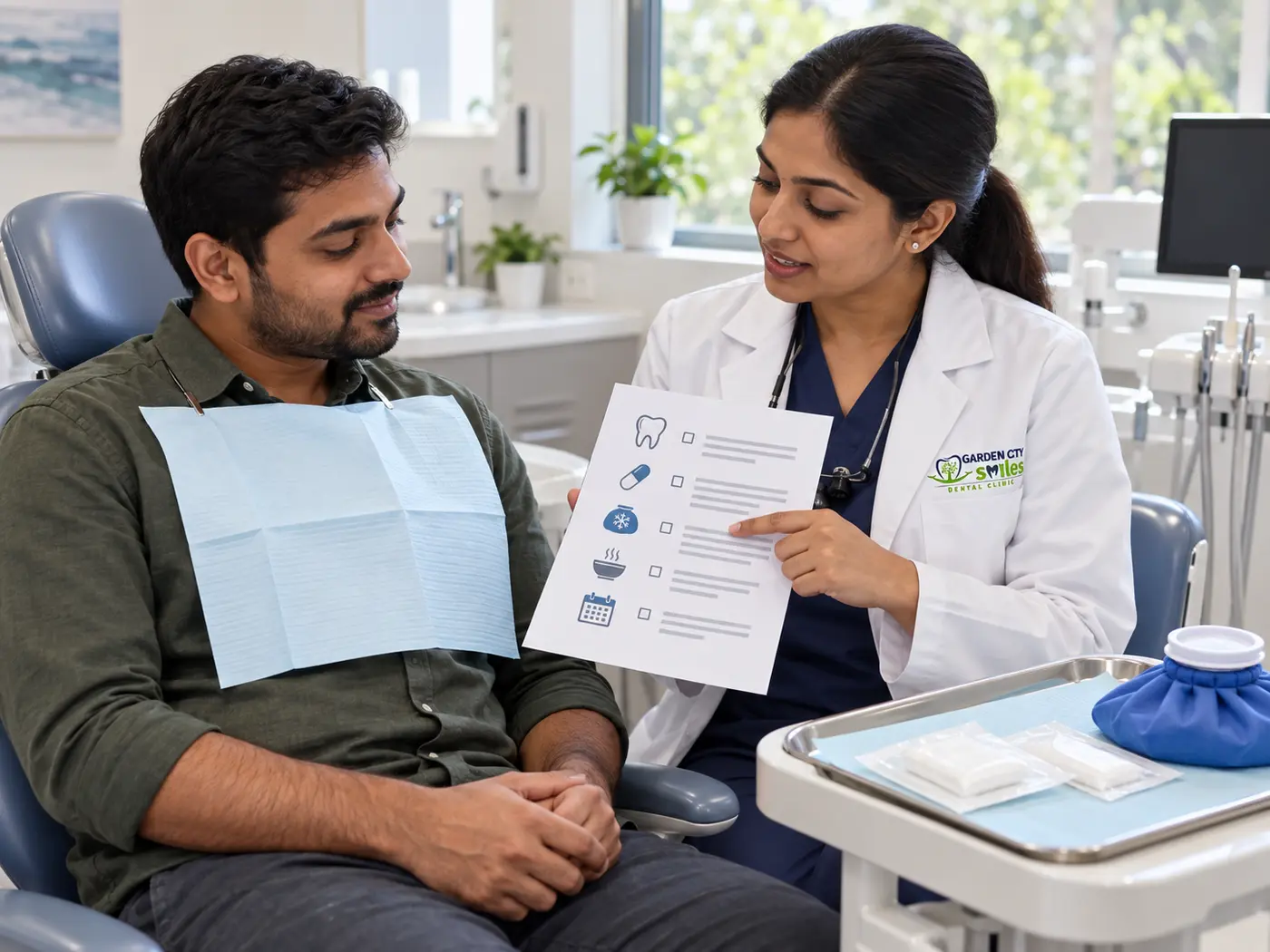 Dentist explaining tooth-removal aftercare instructions to an adult patient