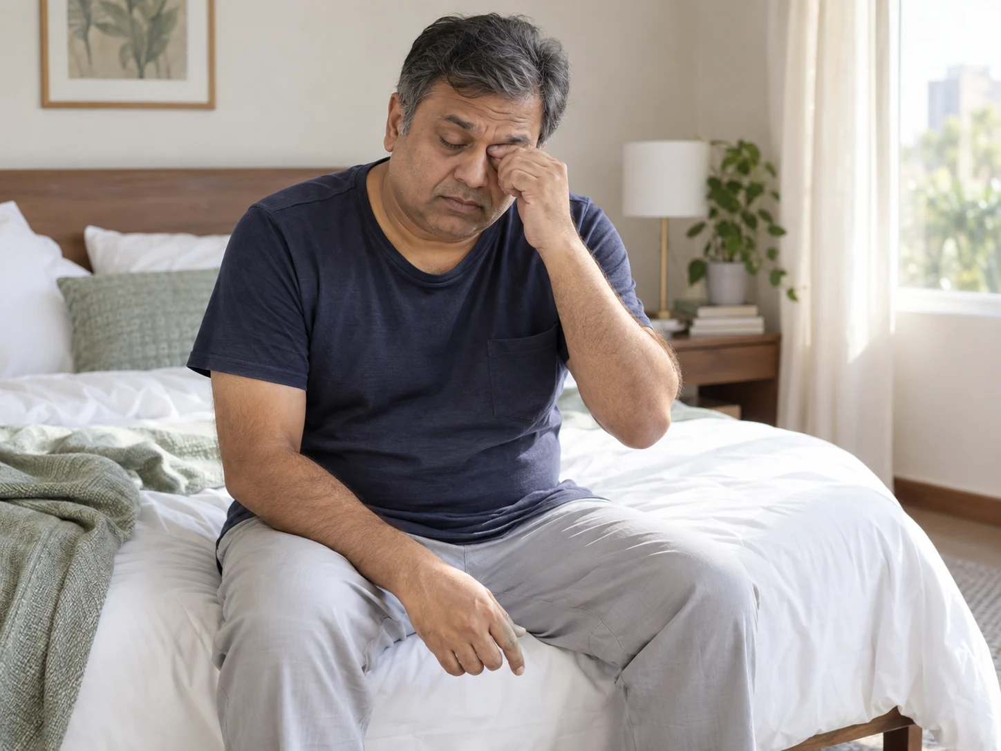 Indian man sitting on his bed in the morning, appearing tired after unrefreshing sleep.
