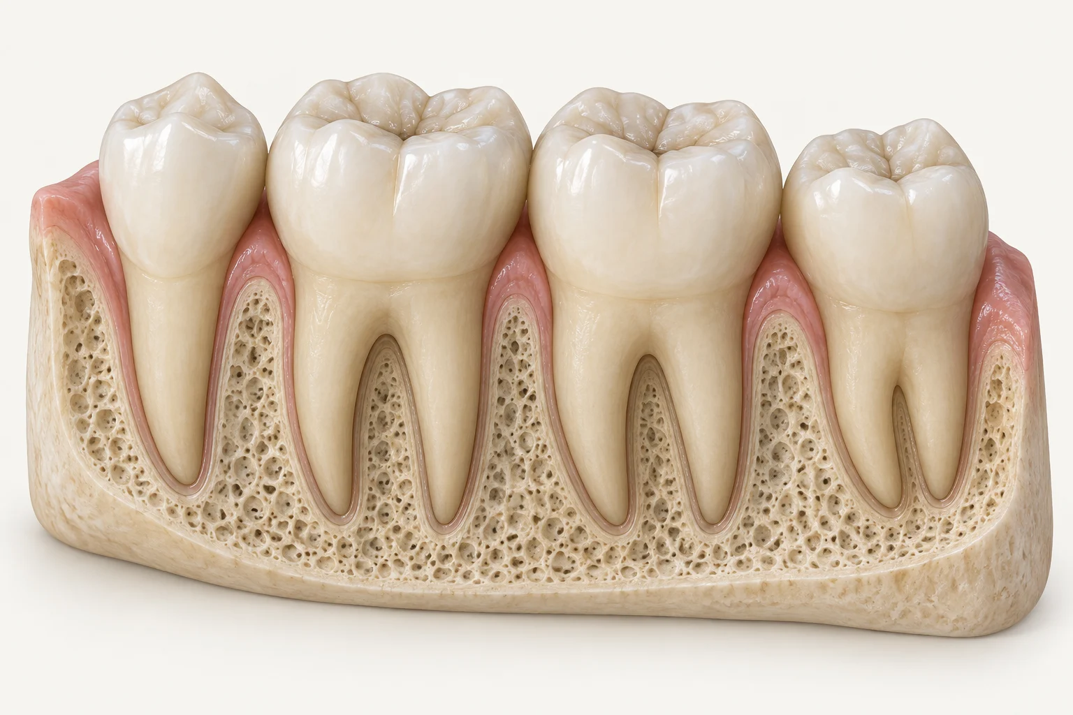 Illustrative lower-jaw cutaway with a premolar, two neighbouring molars and a fully erupted wisdom tooth.