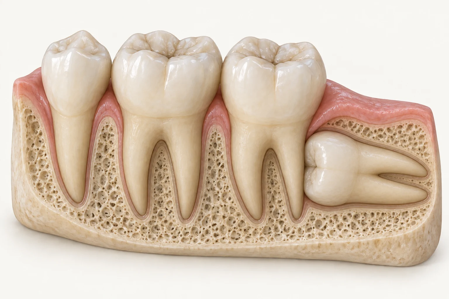 Illustrative lower-jaw cutaway with a premolar, two neighbouring molars and a horizontal wisdom tooth.