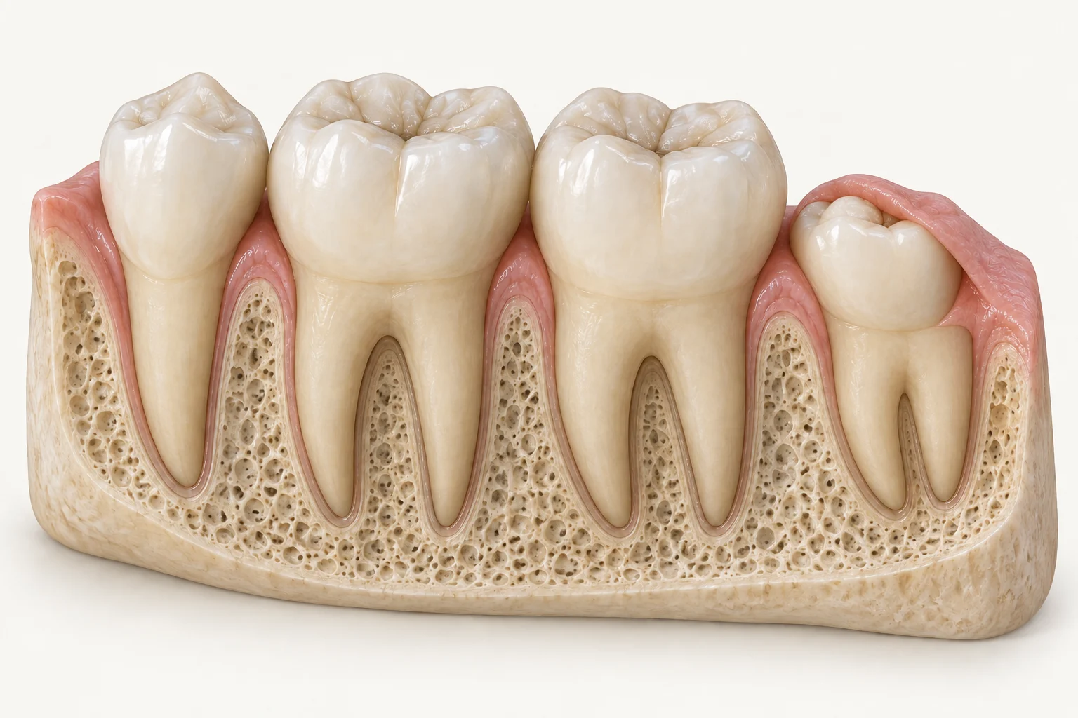 Illustrative lower-jaw cutaway with a premolar, two neighbouring molars and a partially erupted wisdom tooth.