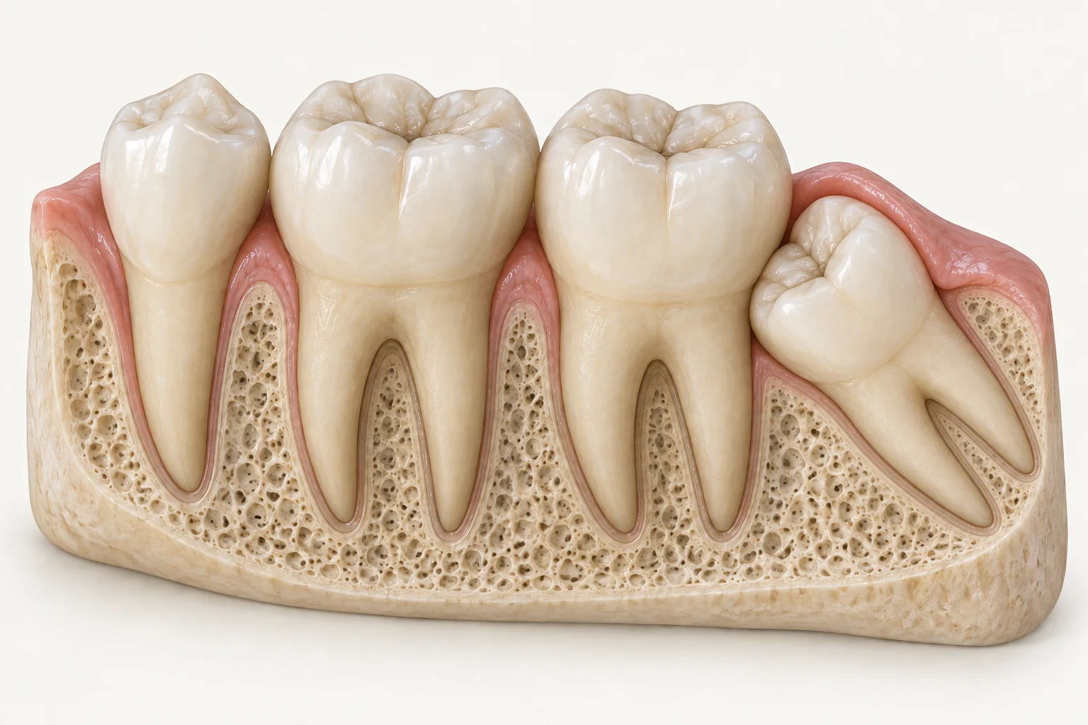 Illustrative lower-jaw cutaway with a premolar, two neighbouring molars and a tilted wisdom tooth.