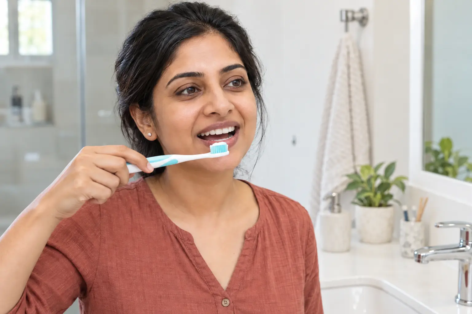 Indian woman holding a toothpaste-loaded toothbrush just before brushing in a bathroom