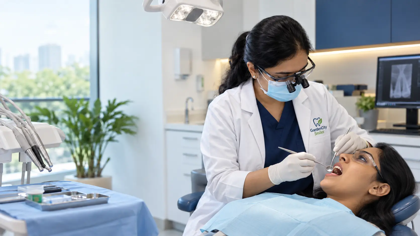 GardenCity Smiles™ dentist examining an adult patient’s open mouth in a modern dental clinic.