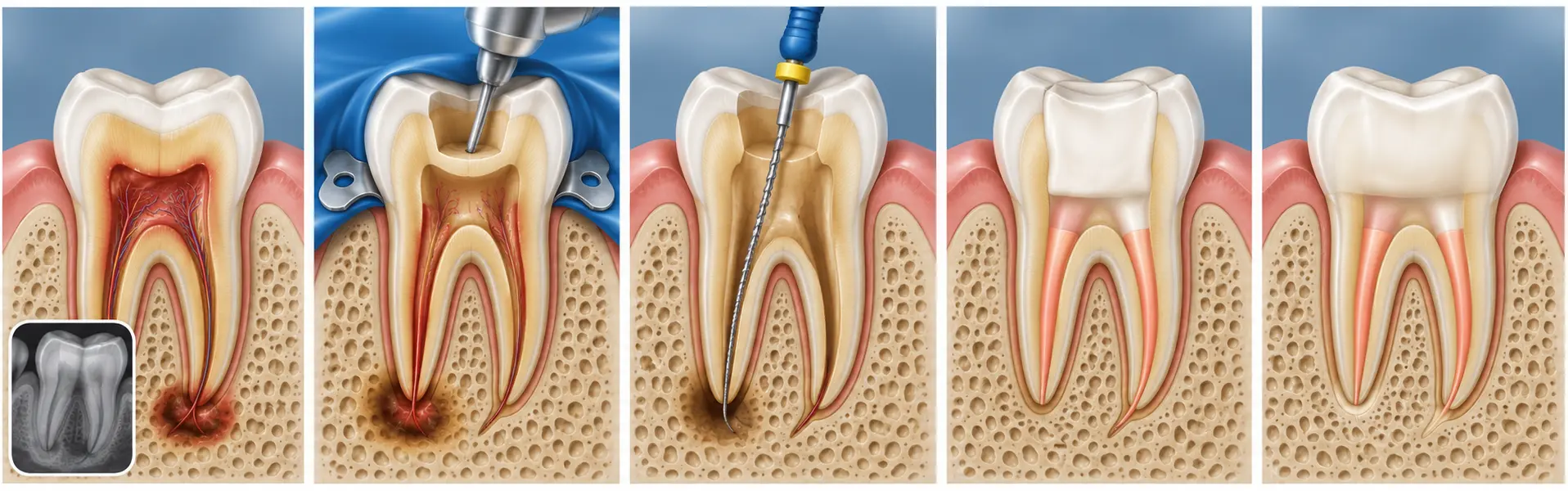 Five-stage root canal treatment sequence showing diagnosis, isolation, cleaning, filling and final restoration.