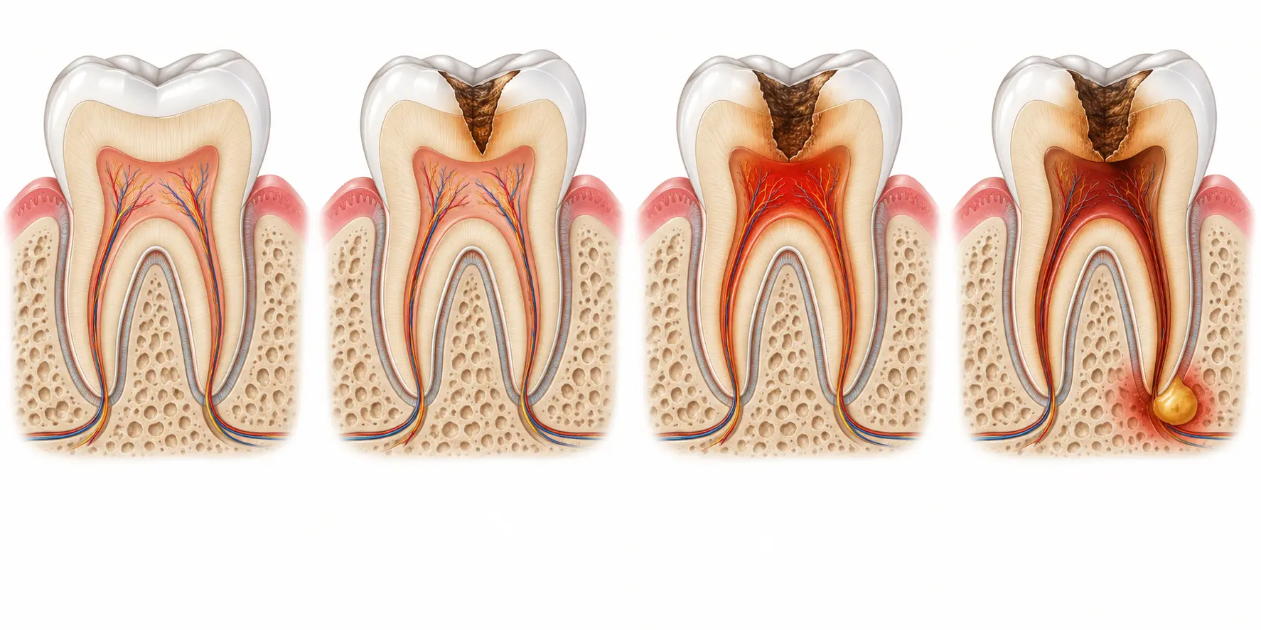 Four tooth cross-sections showing healthy pulp, deep decay, pulp inflammation and infection near the root tip.